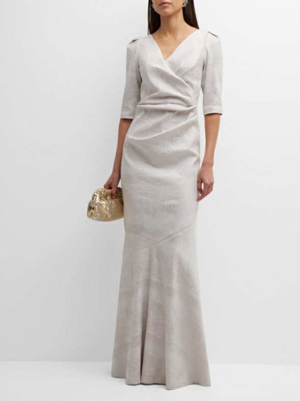 Teri Jon Ruched Elbow-Sleeve Stretch Jacquard Neutral Evening Gown Size 10